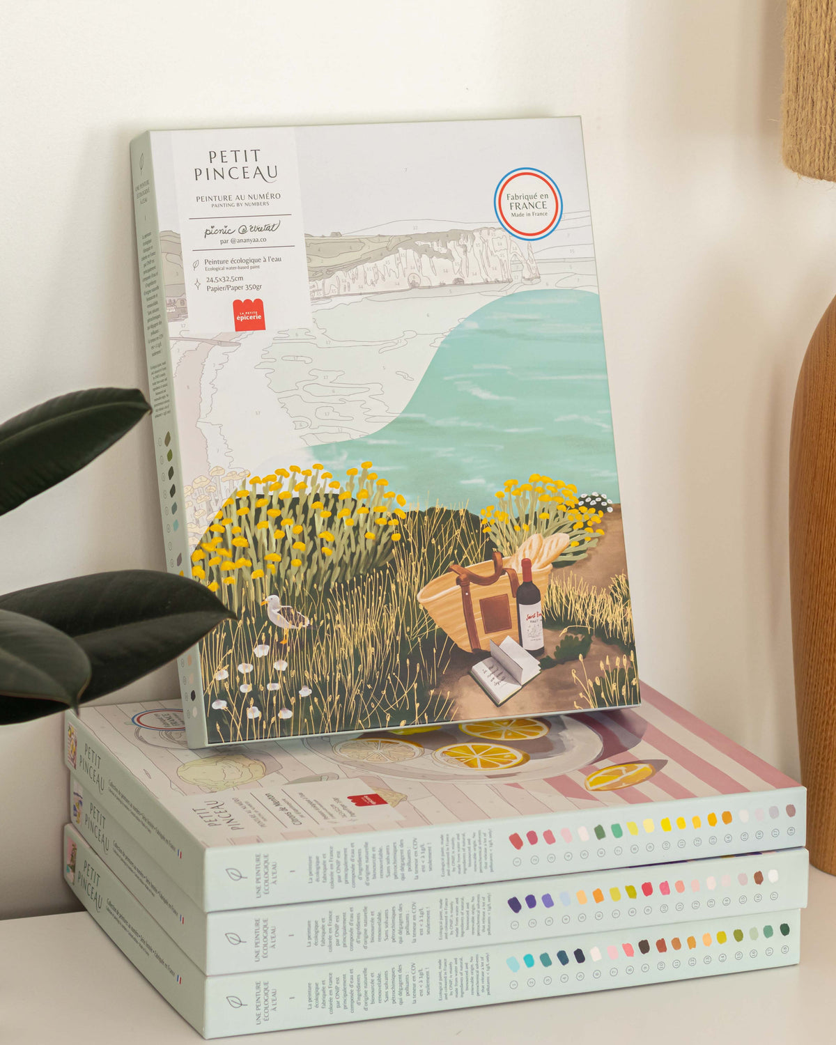 A stack of Petit Pinceau paint by number sets with a colorful illustrated box cover on top, styled on a white shelf next to a potted rubber plant and a wooden table lamp.